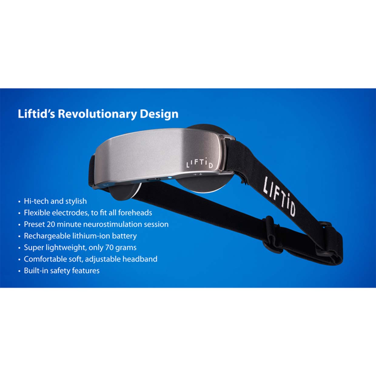 An image of a liftid tdcs device with its benefits being displayed with white text
